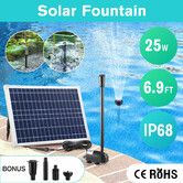 Solar Fountain Pump Panel Kit Submersible 25W Energy Powered Water Feature Outdoor Indoor DIY Bird Bath Fish Tank Pond Pool Garden Decoration Nozzles