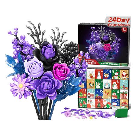Purple Rose Advent Calendar 2025 for Women Teens Boys Girls, Christmas Flower Bouquet Building Blocks 24 Day Countdown Calendar for Girl Women
