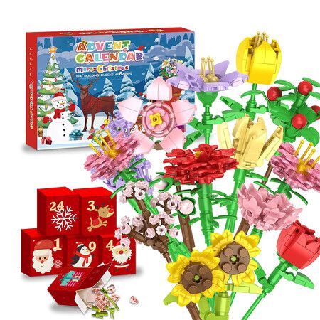 Advent Calendar 2025 Flower Building Blocks for Boys Girls, 24 Day Christmas Calendar with 24 Colorful Flower Bouquets Made of Building Blocks