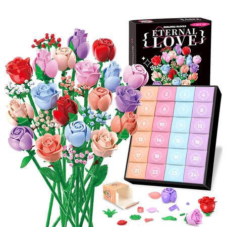 Flower Bouquet Advent Calendar 2025 for Women Teens Girls, 24 Days Flower Bouquet Christmas Countdown Advent Calendar Colorful Roses Bouquet Building Set