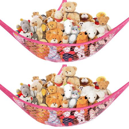 Stuffed Animal Net Hammock for Plushie Toys,Stuffed Animal Hammock Corner for Kids Room Decor,Ideas for Organizing Stuffy Collection,2 Pack,Pink