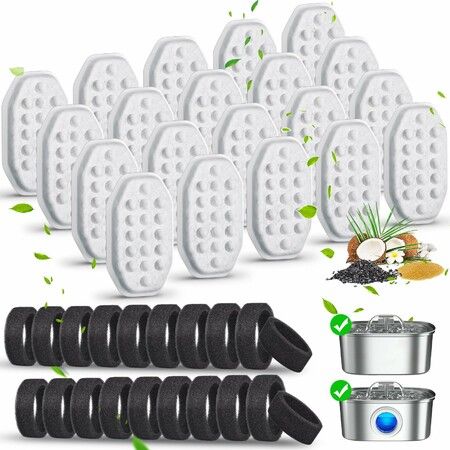 20 Pack Cat Water Fountain Filters Replacement with 20 Pack Pre-Filter Sponges Set for 3.2L/108oz Stainless Steel Water Fountain