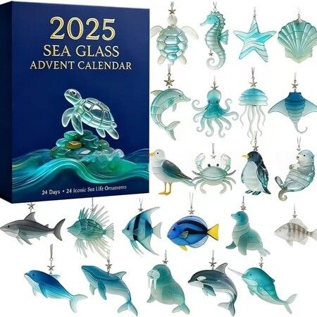 Sea Glass OceanAdvent Calendar 24DAYS Christmas TREE Collectable Advent Calendar  Blind Box 2D Flat Acrylic Ornament  Countdown Christmas Girls Gift