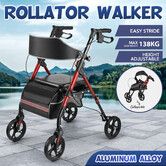 Rollator Walker with Seat 4 Wheel Seniors Elderly Lightweight Walking Mobility Aid Trolley Folding Wheelchair Rolling Frame Medical Storage Aluminum
