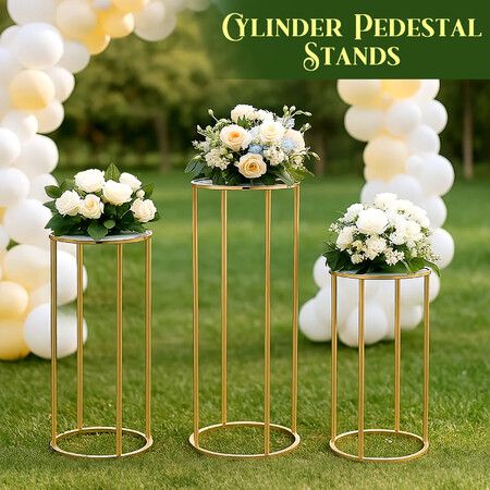 Metal Cylinder Stand 3PCS Cake Plant Flower Pot Display Holder Corner Round Pedestal Plinth Side Table Gold Wedding Party Birthday Dessert Decoration