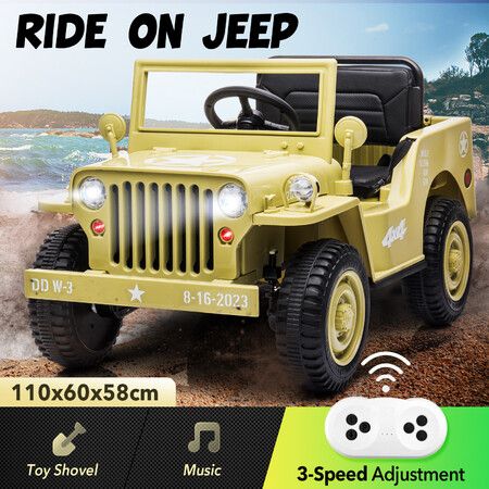 Kids Ride On Jeep Car Electric Vehicle Toy Off Road Truck 12V Battery Powered Childrens Driving Parental Remote Control MP3 Flashing Lights 3 Speeds