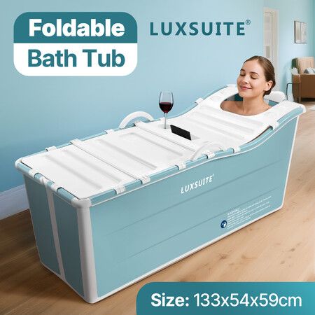 Large Bath Tub Soaking Water Bathtub Spa Baby Shower Foldable Portable Bathroom Freestanding Collapsible Modern Bucket Barrel Cover Pillow 133x54x59cm