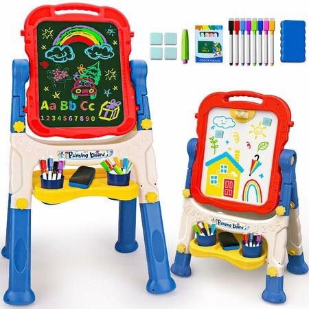 Kids Easel for Age 3+ Art White Board & Chalkboard Double Side Adjustable Stand Drawing Writing Learning Educational Toy