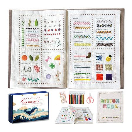 DIY Stitch Book, Embroidery Stitch Book on Linen Fabric, Comprehensive Guide with Various Patterns, Contains Multiple Sewing Tools