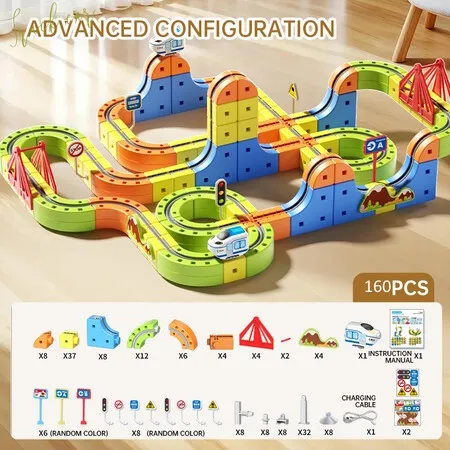 160pcs Rail Train Set 3D Embedded Race Track Gravity Defying Motorized Car Rail Cube DIY  Montessori Sensory  Building Toy  STEM Christmas Birthday Gift