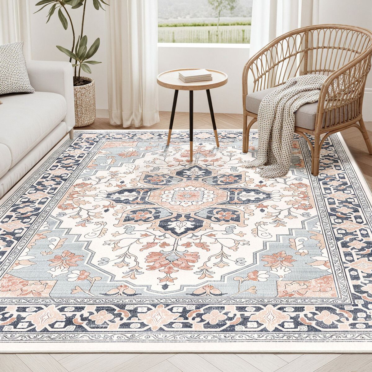 Floor Rug Area Carpet Traditional Soft Washable Runner 2x3m Large Bedroom Living Dining Room Mat Under Table Pad Non Slip Stain Resistant Low Profile