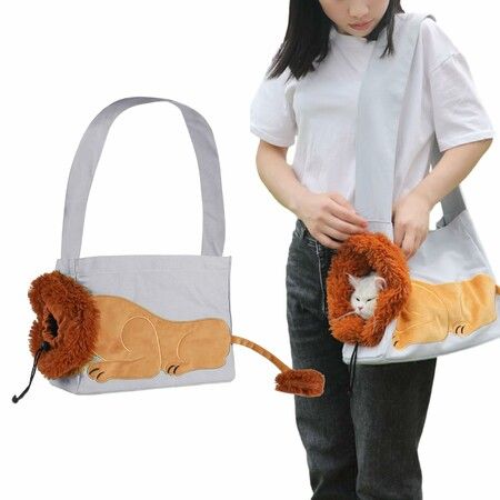 Lion-Shaped Pet Carrier Bag,Canvas Pet Bag,Cat Shoulder Bag,Pet Body Carrier For Daily Use,Walking,Outdoor Travel,Grey Size L