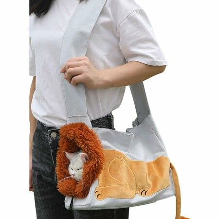 Lion-Shaped Pet Carrier Bag,Canvas Pet Bag,Cat Shoulder Bag,Pet Body Carrier For Daily Use,Walking,Outdoor Travel,Grey Size S