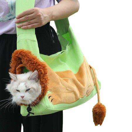 Lion-Shaped Pet Carrier Bag,Canvas Pet Bag,Cat Shoulder Bag,Pet Body Carrier For Daily Use,Walking,Outdoor Travel,Green Size S