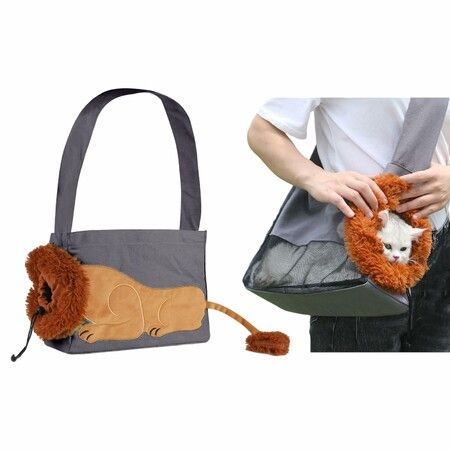 Lion-Shaped Pet Carrier Bag,Canvas Pet Bag,Cat Shoulder Bag,Pet Body Carrier For Daily Use,Walking,Outdoor Travel,Grey Size S