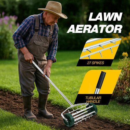 Rolling Lawn Aerator Tool Garden Yard Planting Grass Spike Roller Soil Penetrator Loosener Manual Push Aeration Heavy Duty Galvanized Steel Scarifier