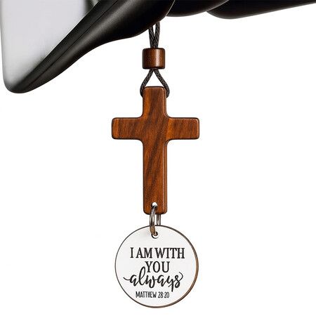 Daily Bible Verse Rearview Mirror Cross Ornament, Daily Scripture Car Charm Hanging Cross for Car with “I Am with You Always” Medallion, White