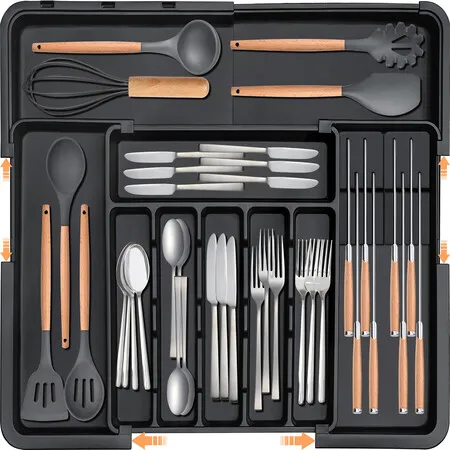 Silverware Organizer Expandable Large Kitchen Drawer Organizer Utensil Organizer with 2 Removable Knife Blocks,Cutlery Tray Drawer Dividers (Black)