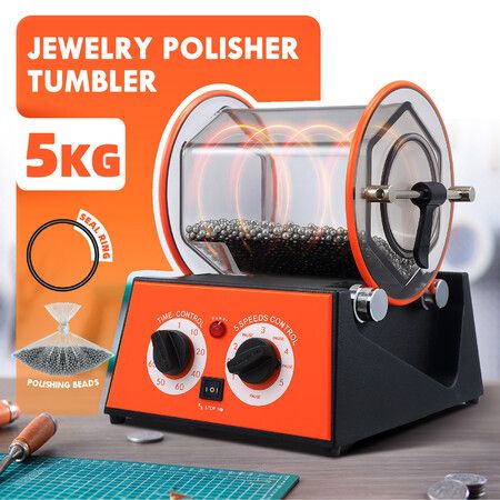 Rotary Tumbler Surface Polisher Machine 5kg Small Jewelry Gemstone Polishing Finishing Grinding Buffing Jewel Coin Gem DIY Projects 5 Speeds Timer 60W