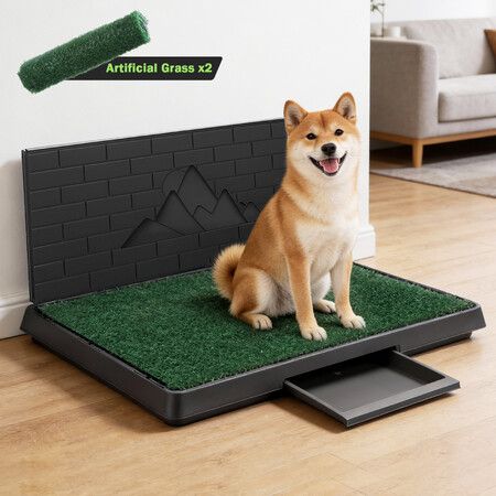 Pet Dog Toilet Potty Training Puppy Indoor Bathroom Artificial Grass 2 Mats House Pee Pad Tray Holder Urine Wall Splash Guard Portable Large 75x50cm