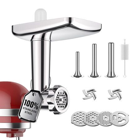 Stainless Steel Meat Grinder Attachment for KitchenAid Stand Mixer, Meat Grinder for KitchenAid Includes 4 Grinding Plates and 3 Sausage Tubes