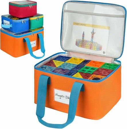 4 Packs Magnetic Tiles Storage Bags,Magnetic Tiles Storage Bin,Toy Organizer Case with Mesh Pocket and Tag Pocket for Building Tiles,Board Game,Puzzle