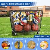 XL Lockable Sports Ball Storage Trolley Rolling Cart Organiser Cage Basket Mobile Unit with Wheels Metal Basket for Home Gym Garage Basketball Football
