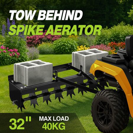 Tow Behind Lawn Aerator 81cm Tractor Pull Spike Grass Soil Penetrator Loosener Rolling Ride On Mower Hitch Heavy Duty Steel Tines Farm Garden Yard