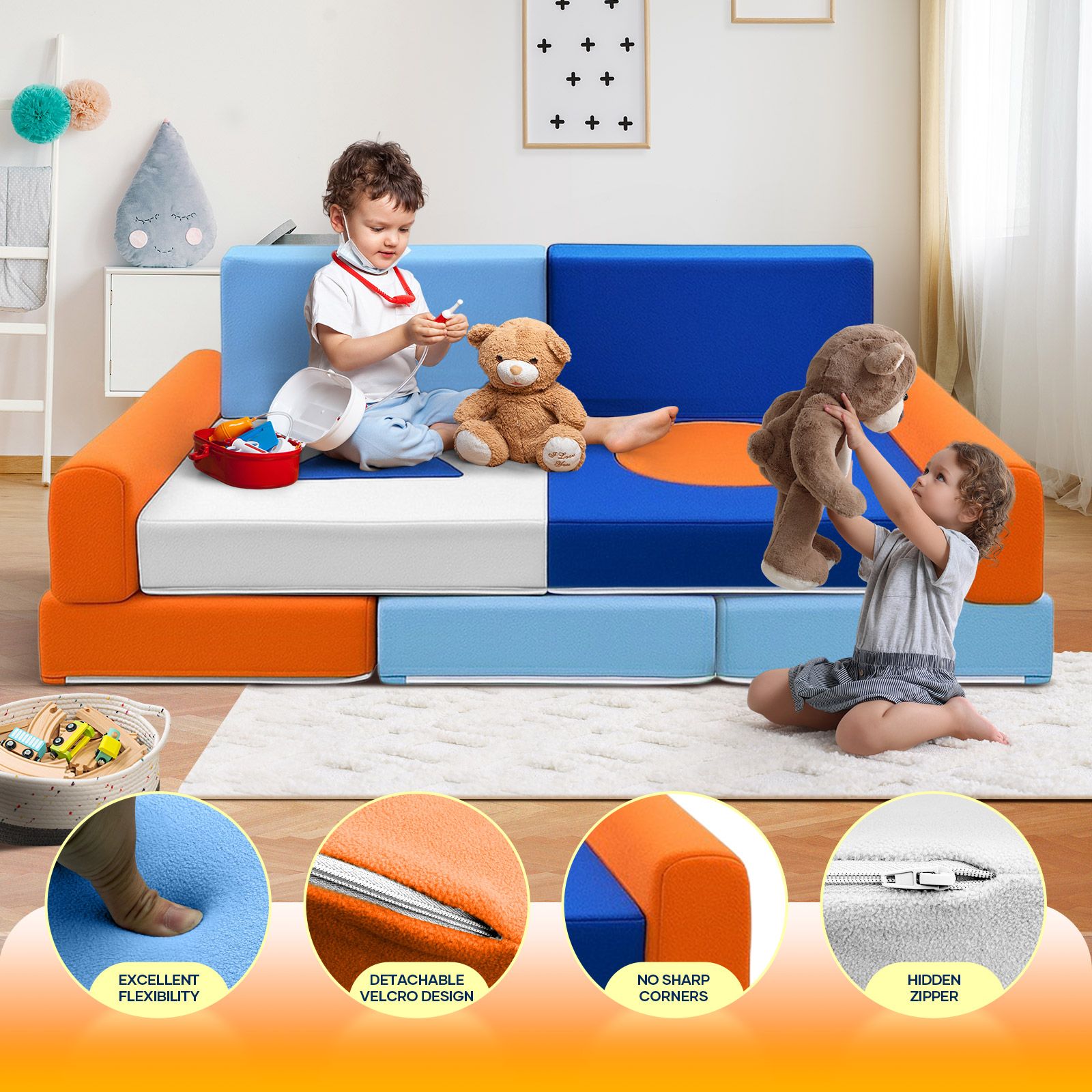 Kids Sofa Set Modular Couch Play Lounge Chair Ball Pit Toddler Playset Sectional Convertible Cushion Comfy Armchair Bed Activity Centre Playroom 11Pcs