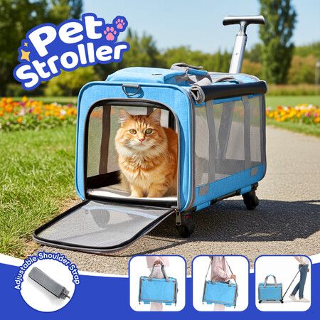 Pet Dog Cat Carrier Stroller Soft Crate Trolley Travel Bag Portable Animal Puppy Kennel Cage Case Folding Hand Shoulder Luggage Suitcase Rolling Wheels