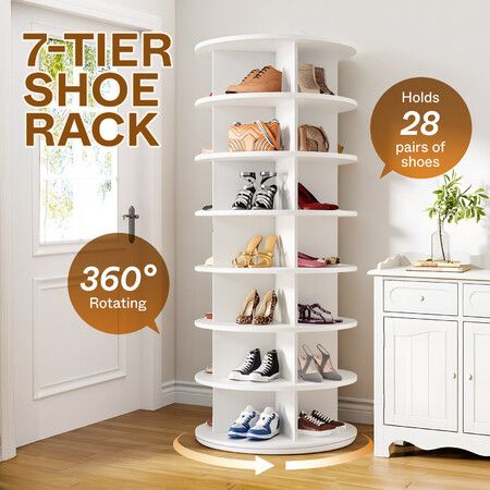 28 Pairs Shoe Rack Storage Shelves Organiser Book Handbag Tower 360 Rotating Free Standing Spinning Display Unit 7 Tier Vertical Carousel Furniture