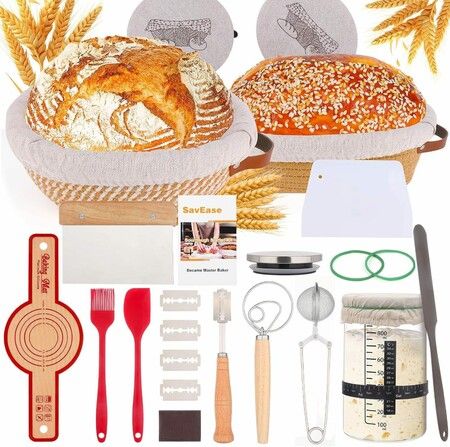 Sourdough Bread Baking Supplies Complete Sourdough Starter Kit 9in Round 10in Oval Bread Proofing Basket with Sour dough Starter Jar,Bread Making Tools
