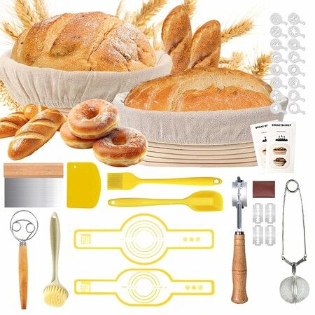 Sourdough Starter Kit for Beginners Bread Baking Supplies Bread Making Tools 9 Inch Round 10 Inch Oval Banneton Bread Proofing Basket Set with Dough Whisk