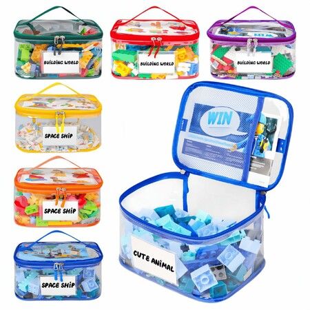 6 PCS Color 24*17.5*14.5cm Clear Toy Storage Bag Transparent PVC Toy Organizing Bags with Zipper with Name Tag& Manual Pocket
