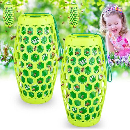 2Pcs Wasp Traps Outdoor Hanging Sticky Wasp Trap for Outside, Effective Carpenter Bee Traps with 8 Sticky Boards Reusable Yellow Jacket Trap (Green)