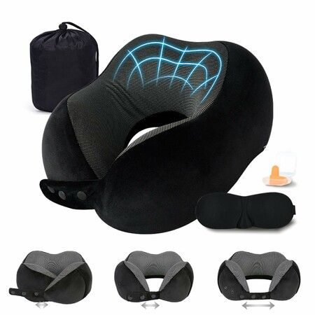 Memory Foam Travel Neck Pillow Adjustable Flight Pillow Portable Plane Accessories with Eye Mask,Earplugs,Carry Bag(Blue)