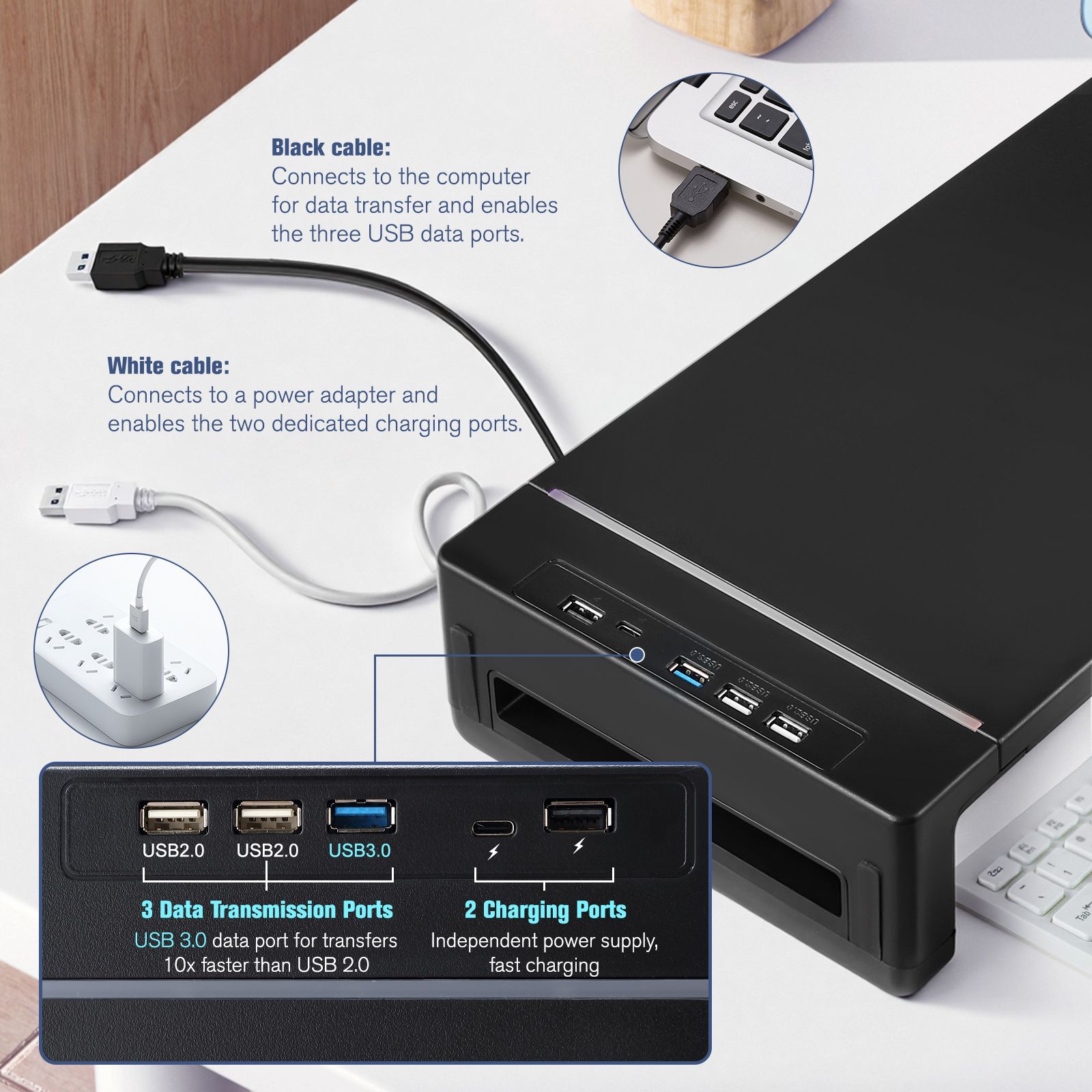 PC Monitor Laptop Stand Riser Office Computer Desk Tabletop Display Holder Length Adjustable Folding Phone Storage Drawer USB 3.0 2.0 Charging Station