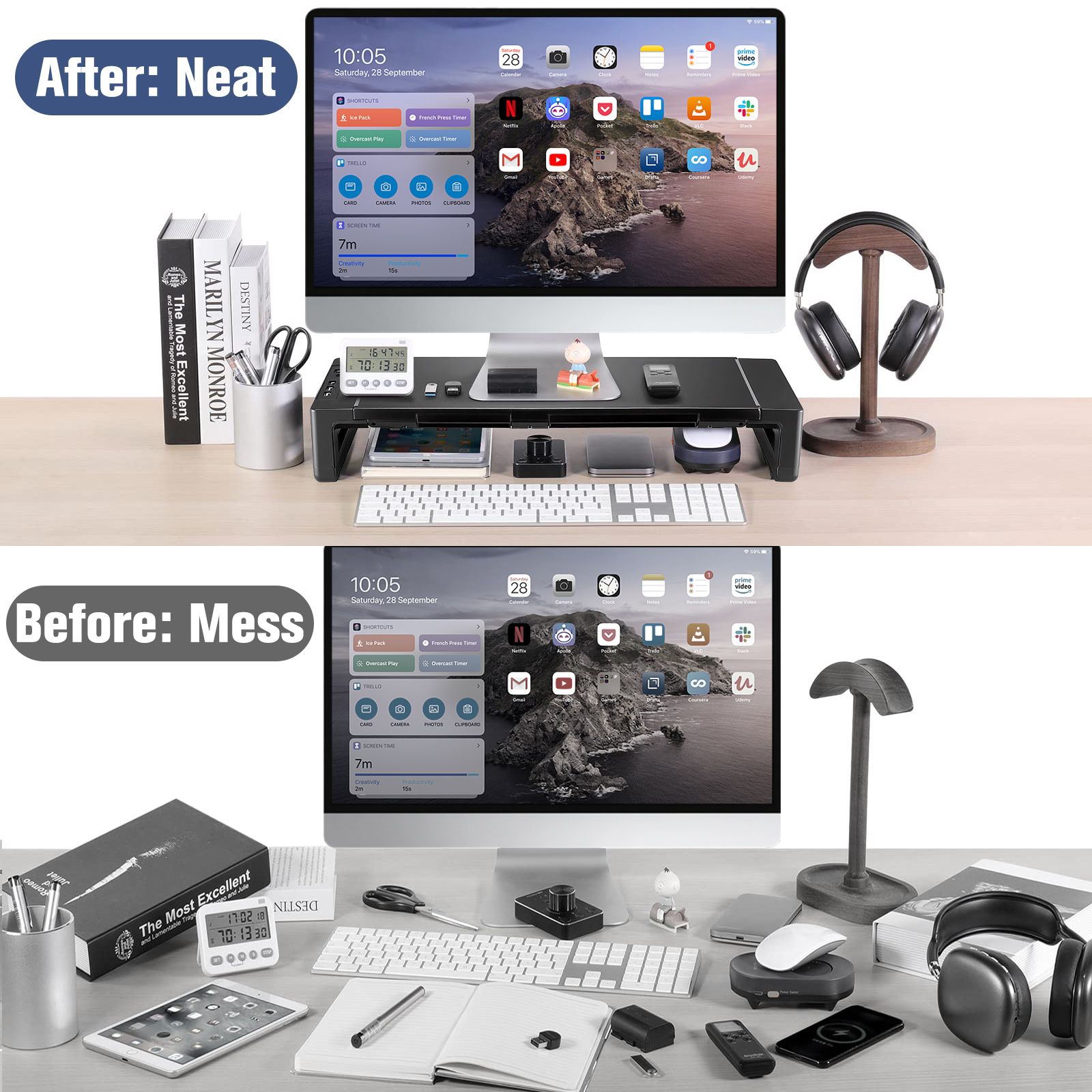 PC Monitor Laptop Stand Riser Office Computer Desk Tabletop Display Holder Length Adjustable Folding Phone Storage Drawer USB 3.0 2.0 Charging Station