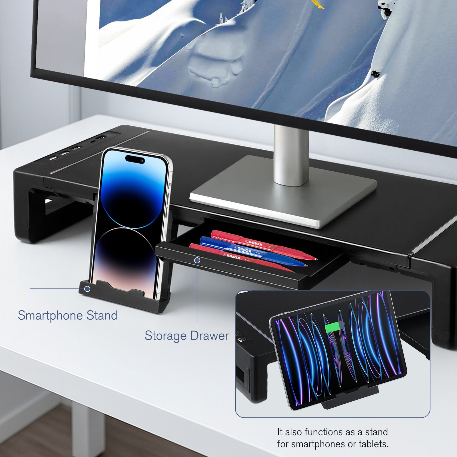 PC Monitor Laptop Stand Riser Office Computer Desk Tabletop Display Holder Length Adjustable Folding Phone Storage Drawer USB 3.0 2.0 Charging Station