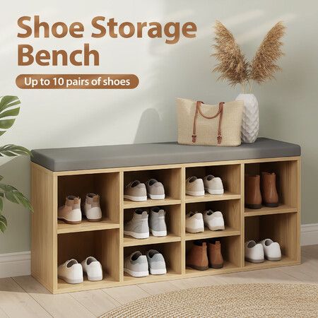 Shoe Rack Storage Bench Seat Cushion Entryway Footwear Organiser Cupboard Shelf Box Wooden Hallway Mudroom Closet Furniture 10 Compartments Cabinet
