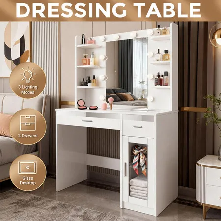 Hollywood Makeup Table Vanity Dresser White Dressing Desk Bedroom Furniture 10 LED Lighted Mirror 2 Drawers 6 Shelves Remote 16 Colour RGB Strip Light